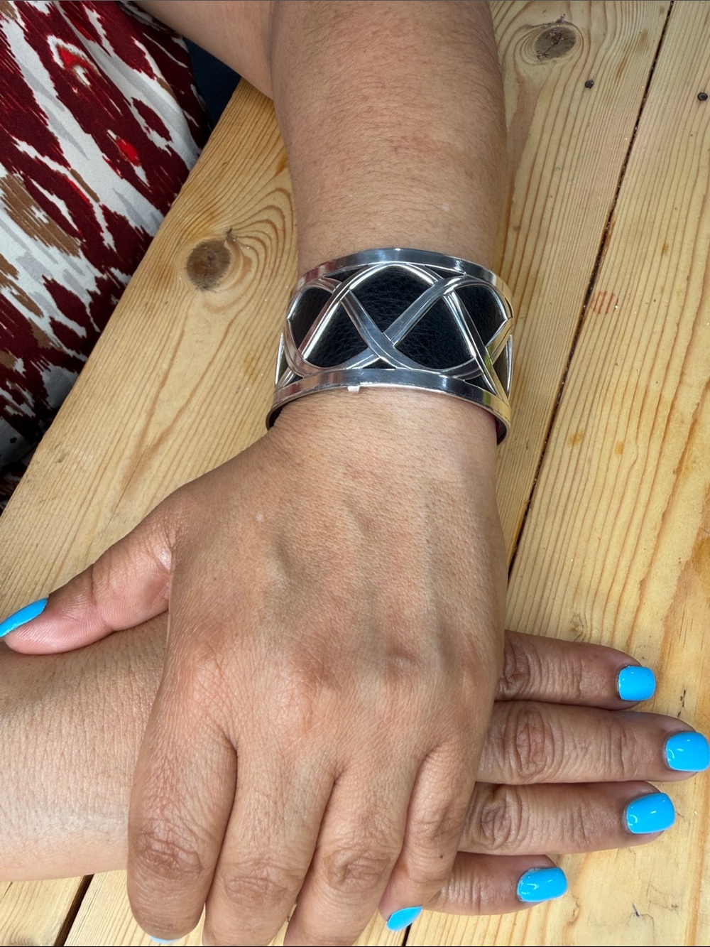 Brighton Wide Silver Cuff Bracelet with Black Leather Inlay adjustable